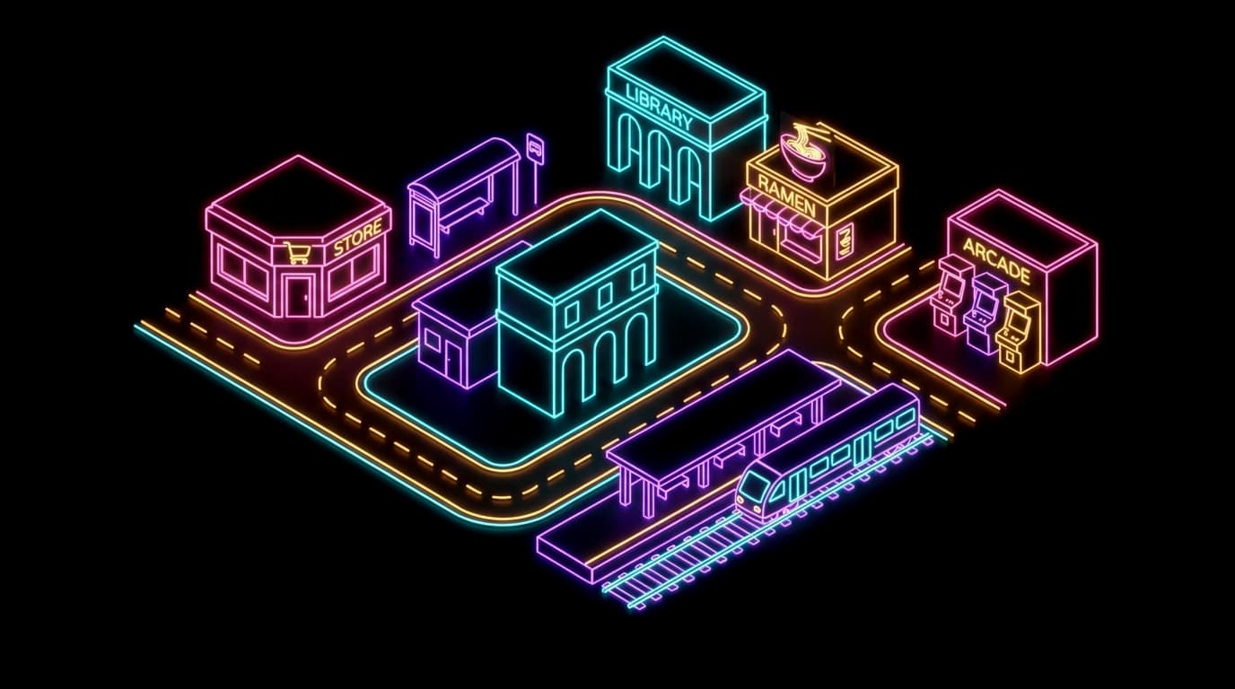 The Afterhour journey map: a neon city with a café, arcade, library, shops and a train station, joined by roads
